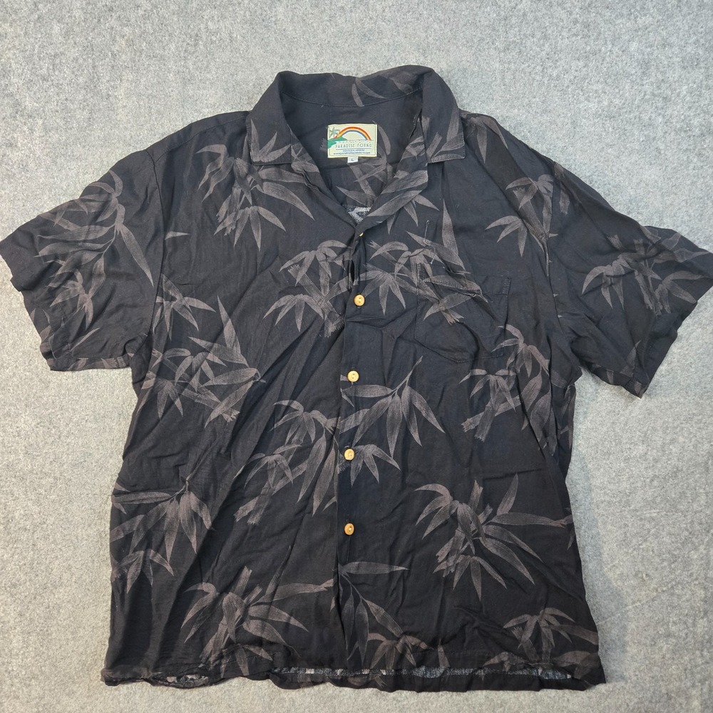 Paradise Found Shirt Mens L Black Floral AOP Rayon Hawaiian Tropical Camp Beach